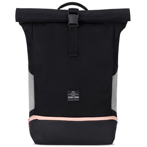 "ALLEN" újrahasznosított nagyméretű rolltop hátizsák, fekete, alul rózsaszín cipzárral, Johnny Urban